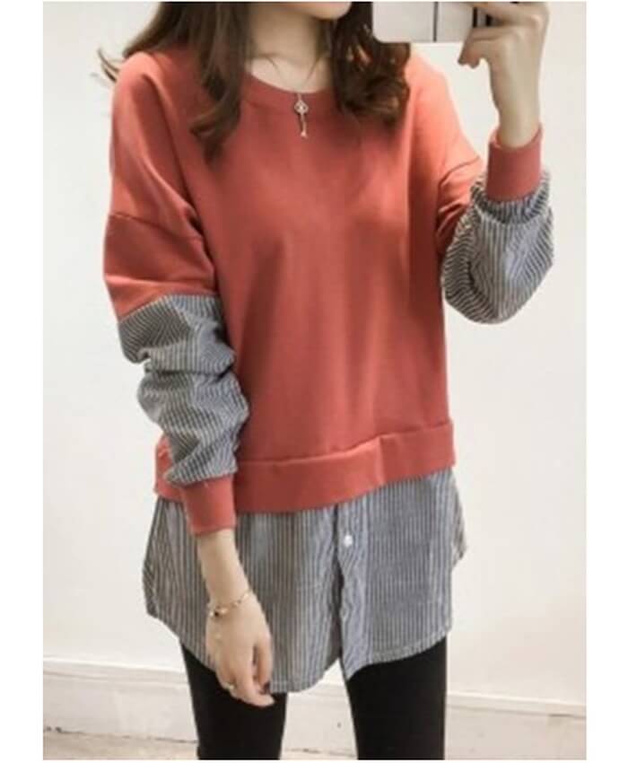 Long Sleeve Brick Red Faux Two Piece Blouse